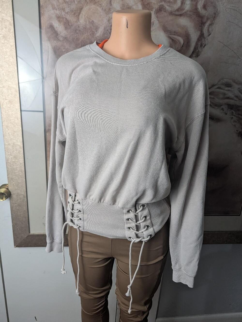 Dex Gray Corset Lace Up Sweatshirt Ribbed Cinched Waist Crewneck Pullover Size S